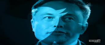 Elon Musk's face, with the twitter logo cast over it in blue