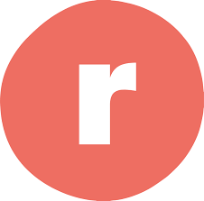 Raverly logo white lower case r in salmon red circle